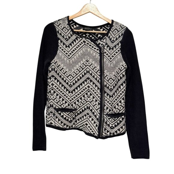 Lucky Brand Black White Aztec Moto Zip Boho Cardigan Sweater Womens Size Medium - Picture 2 of 12
